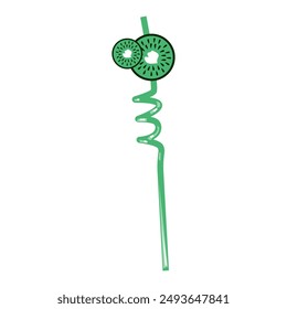 Drinking straws colored Curly Spiral Reusable Straws with Silicone Buckles drink sticks , flat doodle style colorful vector illustration isolate on white green birthday straw plastic, cocktail party.