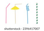 Drinking straws colored plastic flexible drink sticks set, flat doodle style colorful vector illustration isolate on white ,pink , blue, green and yellow birthday straw plastic, cocktail party.