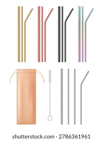Drinking straws. Realistic beverage eco pipes. Silver or golden colored sticks. Cleaning brush. Straight and curved steel tools. Storage container. Zero waste. Vector ecological bar accessories set
