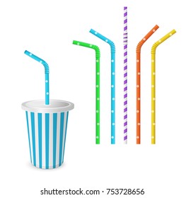 Drinking Striped and colorful straws for beverage. isolated on a white background. Plastic fast food cup for beverages with straw.