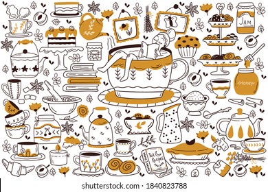 Drinking tea doodle set. Collection of hand drawn sketches patterns templates of woman drinks hot beverages coffee with cake sugar lemon and cookies. Energy drinks with caffeine outline illustration.