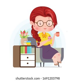 Drinking Tea Relax Cute Character Concept  Vector Illustration Eating Muffin Self Isolation