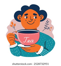 Drinking tea sticker in flat style