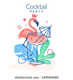 Drinking tropical cocktail surrounded with monstera leaves and flamingo vector illustration. Trendy minimal line design. Best Hawaii pink cocktail set for restaurant illustrations and bar designs.