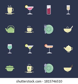 Drinking utensils collection, glassware flat icons set, Colorful symbols pack contains - cocktail glass, tea cup, fresh drink, wineglass, teapot. Vector illustration. Flat style design