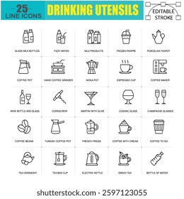 Drinking Utensils Icons set of Coffee, Tea, Wine, shake and Cocktail Glasses. Editable Vector stroke pictograms. illustration EPS10
