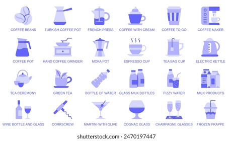 Iconos web de utensilios para beber en diseño plano de duotono. Empaquetar pictogramas con granos de café, olla turca, champán, molinillo de manos, expreso, bolso de té, hervidor eléctrico, vino, otro. Ilustración vectorial.