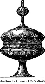A drinking vessel with a large covered cup, made out of metal, in Ancient Greece and Rome, designed to hold hosts , vintage line drawing or engraving illustration 
