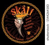 Drinking Viking Horn. Scandinavian drinking Viking horn with beer and Scandinavian phrase used as a toast - Skal, isolated on black, vector illustration