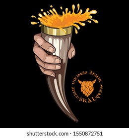 Drinking Viking Horn. Scandinavian drinking Viking horn with beer and Scandinavian phrase used as a toast - Skal, isolated on black, vector illustration