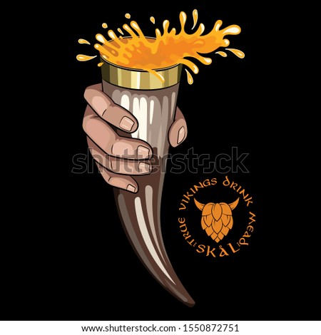 Drinking Viking Horn. Scandinavian drinking Viking horn with beer and Scandinavian phrase used as a toast - Skal, isolated on black, vector illustration