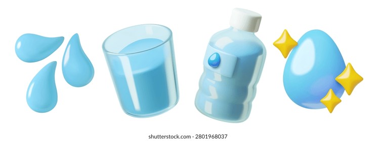 Drinking water 3d icons set - plastic bottle, glass, clean water drop and splash. Pure blue liquid vector illustrations set isolated on white background