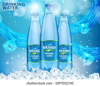 Drinking water ad design template. Vector realistic plastic mineral water bottles with your brand on blue background with water splashes, drops and ice cubes.