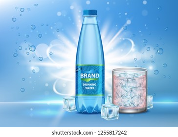 Drinking water ad vector realistic illustration. Glass of clean pure sparkling drink water and plastic bottle with label on blue background with bubbles, ice cubes. Brand advertising poster template.