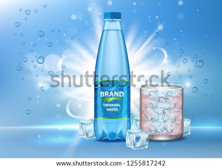 Drinking water ad vector realistic illustration. Glass of clean pure sparkling drink water and plastic bottle with label on blue background with bubbles, ice cubes. Brand advertising poster template.
