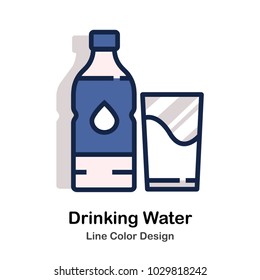 Drinking water bottle and glass Line color icon