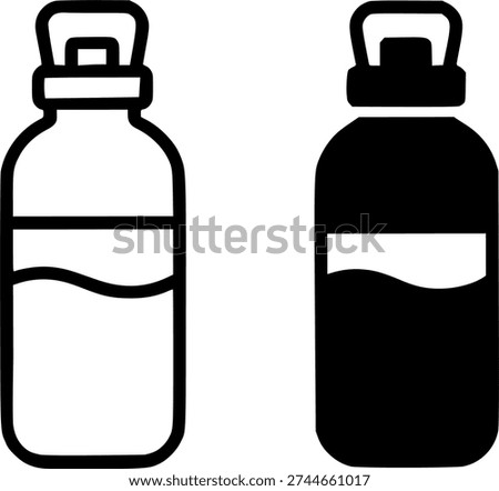 Drinking water bottle illustration icon, black and white in outline and silhouette design