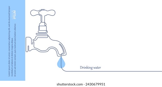 Drinking water concept. Flowing aqua. Plumbing. Continuous line drawing.