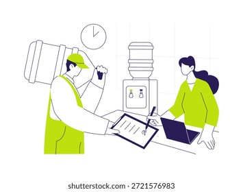 Fornecimento de água potável conceito abstrato vetor ilustração. Courier trouxe a água potável para o escritório, negócios corporativos, vida de escritório, serviço de entrega rápida metáfora abstrata.