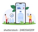 Drinking water delivery, order in mobile app. Tiny people carry gallons on truck to deliver to client on time, big plastic bottle and status bar on smartphone screen cartoon vector illustration
