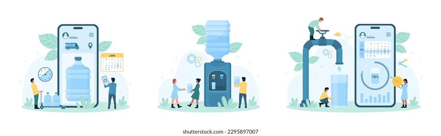 Drinking water delivery vector illustration. Cartoon tiny people with mobile phone plan to deliver portable plastic bottles, drink water from cooler with dispenser, turn faucet valve for hydration