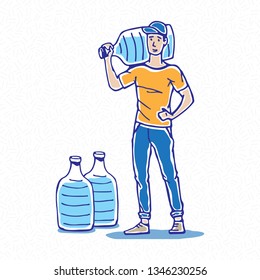 Drinking water deliveryman (carrier) vector illustration. Potable water delivery man hand drawn graphic design. Office water shipping worker sketch art concept.
