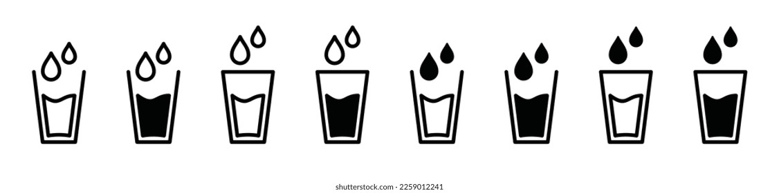 Drinking water drops glass icon set. Water glass or cup water icon symbol. Glass of drink water symbol in the restaurant or cafe, vector illustration