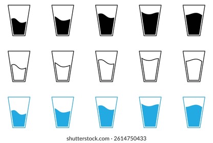 Drinking water drops glass icon set. Water glass or cup water icon. Glass of drink water symbol in the restaurant or cafe. of vector illustration.