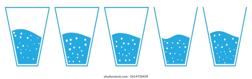 Drinking water drops glass icon set. Water glass or cup water icon. Glass of drink water symbol in the restaurant or cafe. of vector illustration.