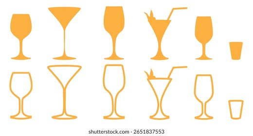 Gotas de agua potable conjunto de iconos de vidrio. Vaso de agua o símbolo de icono de agua de taza. Vaso de agua potable símbolo en el restaurante o cafetería, Ilustración vectorial