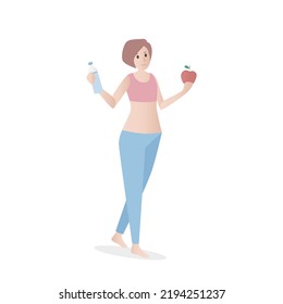 Drinking water and eating healthy fruit helps to lose weight, beautiful slim shape body woman holding a bottle of water and apple,vector illustration.