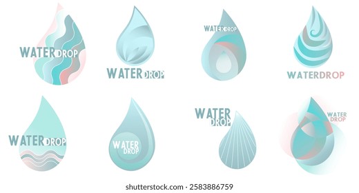 drinking water emblem icon vector, water drop logo, sing, ornament set different shades of blue