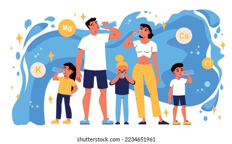 Drinking water family composition with doodle characters of parents and kids with water splashes and micronutrients vector illustration