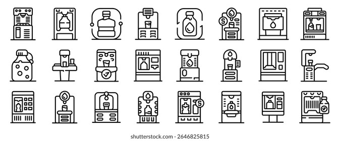  Drinking water filling station icons set. Stay hydrated with water vending machines providing easy access to clean, refreshing beverages in various locations