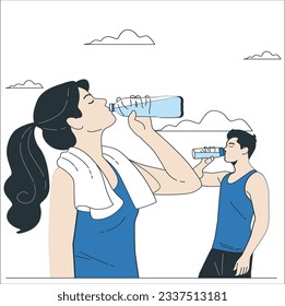 Drinking water, fitness and exercise woman and man after sports run and training. Workout, hiking and walking challenge with a bottle of female and male. in summer ready for running for health. 2184