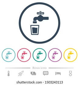 Drinking water flat color icons in round outlines. 6 bonus icons included.