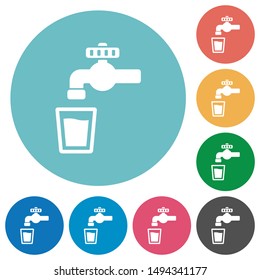 Drinking water flat white icons on round color backgrounds