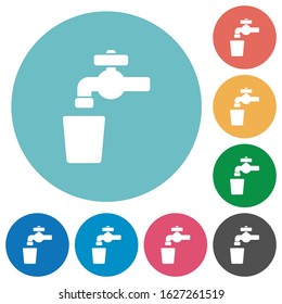 Drinking water flat white icons on round color backgrounds