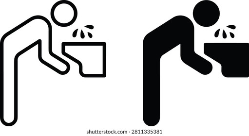 Drinking water fountain icon set with person silhouette, minimalist black and white line art and solid vector illustration for public facility and hydration signage.