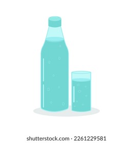 Drinking water in a glass and bottle. Vector flat illustration on a white background.