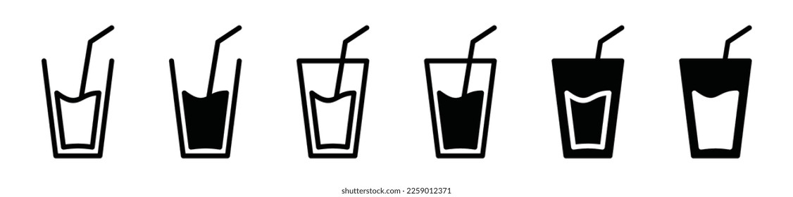 Drinking water glass icon set with a straw. Water glass or cup water icon symbol. Glass of drink water symbol in the restaurant or cafe, vector illustration