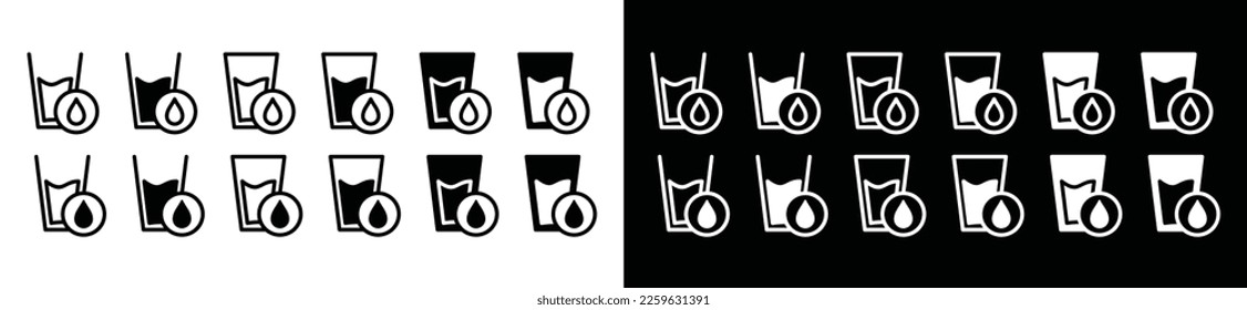 Drinking water glass icon set with water drops symbol. Glass or cup water icon symbol. Glass of drink water symbol in the restaurant or cafe, vector illustration