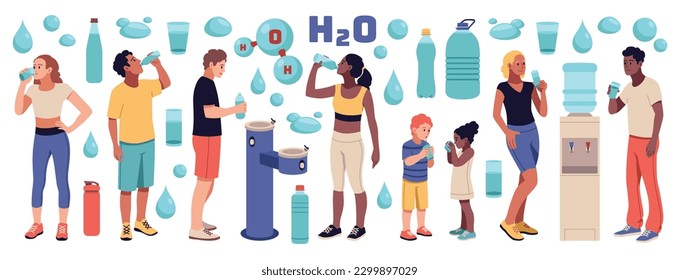 Drinking water. Happy cute people holding bottles and glasses with clean water, body hydration process, boy and girl near cooler. Healthy lifestyle. Cartoon flat isolated tidy vector set