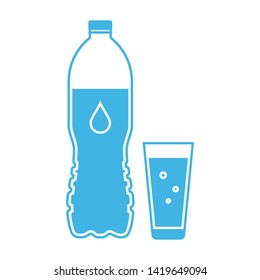 Drinking water icon. Blue plastic bottle with a glass full of soda water isolated on white background. Vector illustration