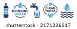 Drinking water icon vector set. Tap water with glass, bottle and clean water sign symbol illustration.