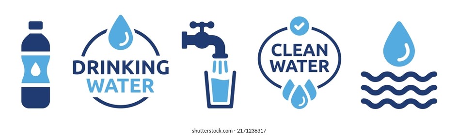 Drinking water icon vector set. Tap water with glass, bottle and clean water sign symbol illustration.
