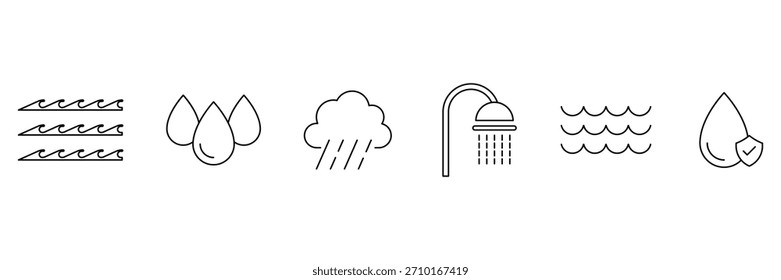Drinking water icons. Water line icons. Water drops, rain drops, save, cycle, shower, wave, and others icons. Vector illustration.