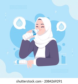 drinking water islamic hijab girl illustration