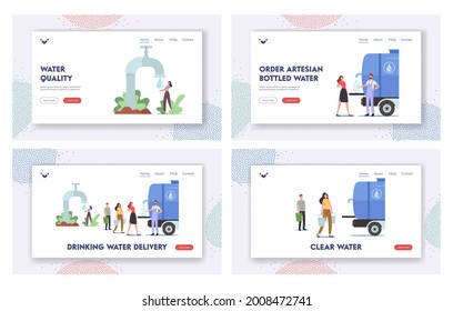 Drinking Water Landing Page Template Set. Characters with Buckets Stand in Line for Purchasing Fresh Aqua. People Buying Clean Drinking Water in Outdoor Tank with Tap. Cartoon Vector Illustration