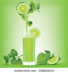 Drinking water from mint and lemon comes down to the glass.illustration vector